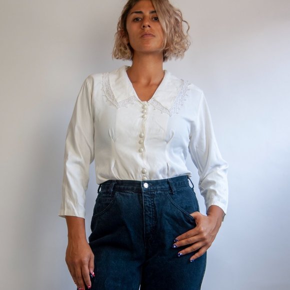 80s cream oversized collar blouse m medium / long sleeve lace blouse / lace bib - Picture 2 of 7